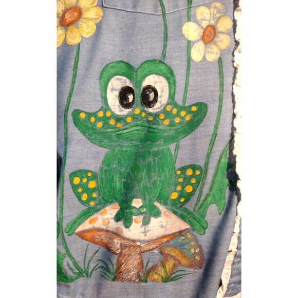 VTG 70s Artsy Hand Painted Eyelet Lace Trim Frog Turtle Ladybug Bee Flowers Top - Picture 12 of 16